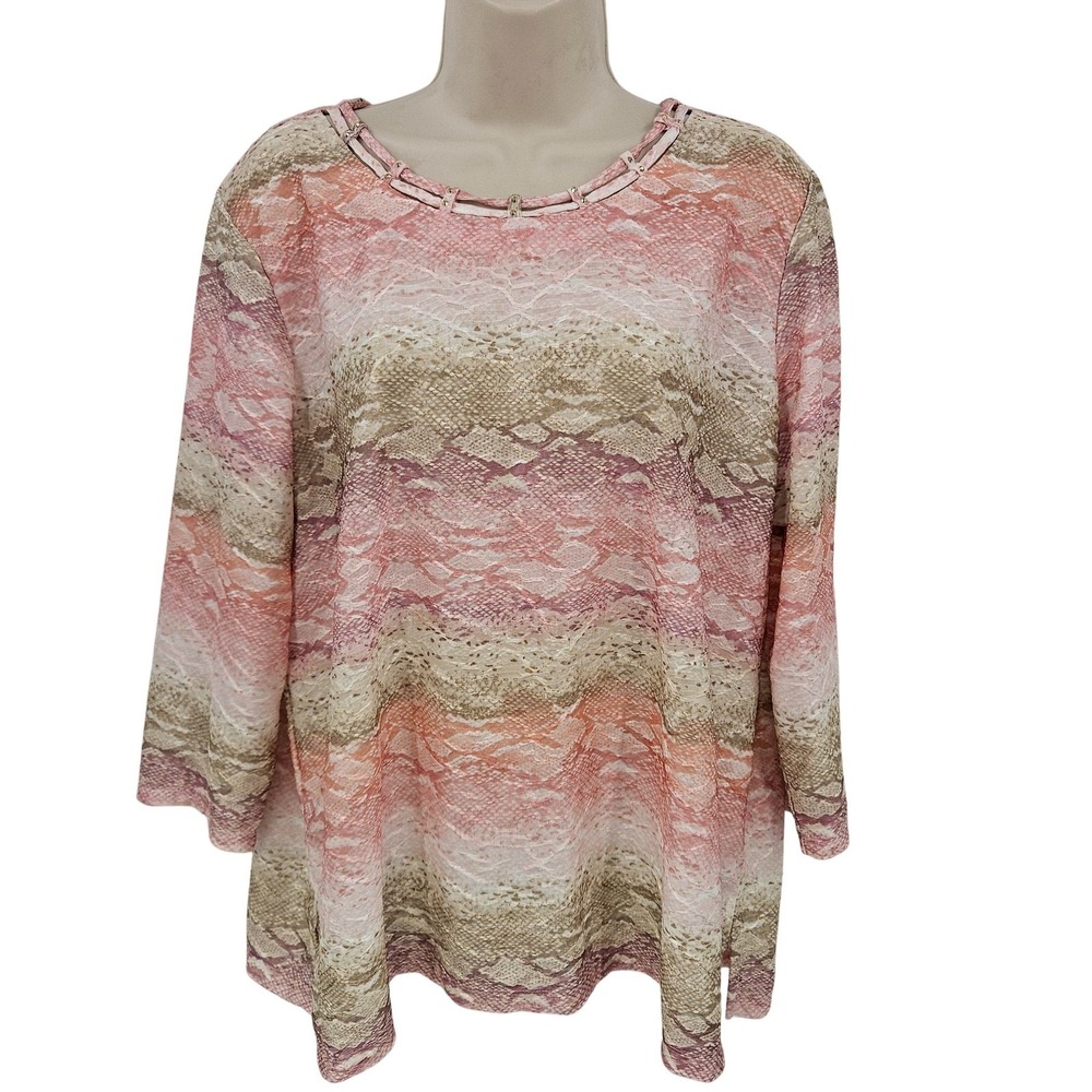 Alfred Dunner Shirt Women L Pink Beige Embellished Coastal Grandma Preppy Dressy
